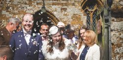 Bride and groom, confetti, culworth church, oxfordshire weddings, happy, love brooch bouquet